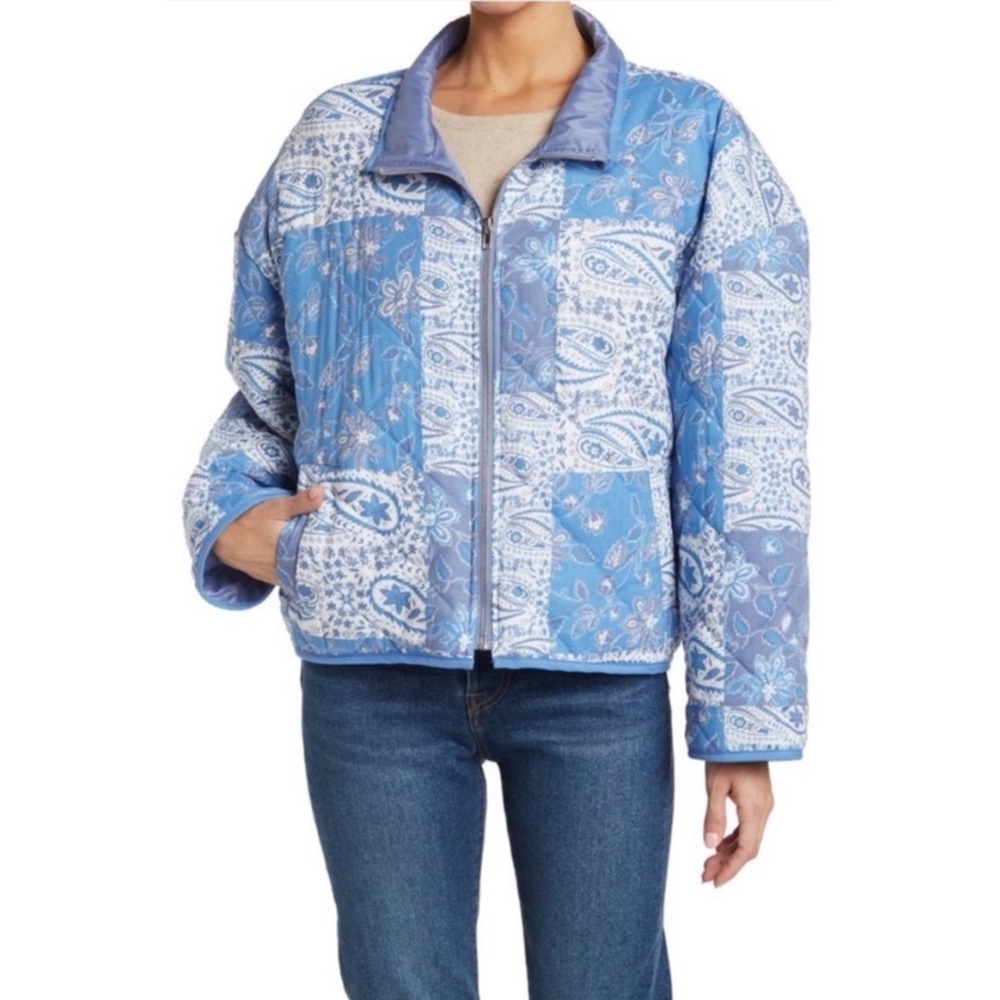 Avec Les Filles Blue Patchwork Quilted Floral Paisley Jacket Size Small NWT